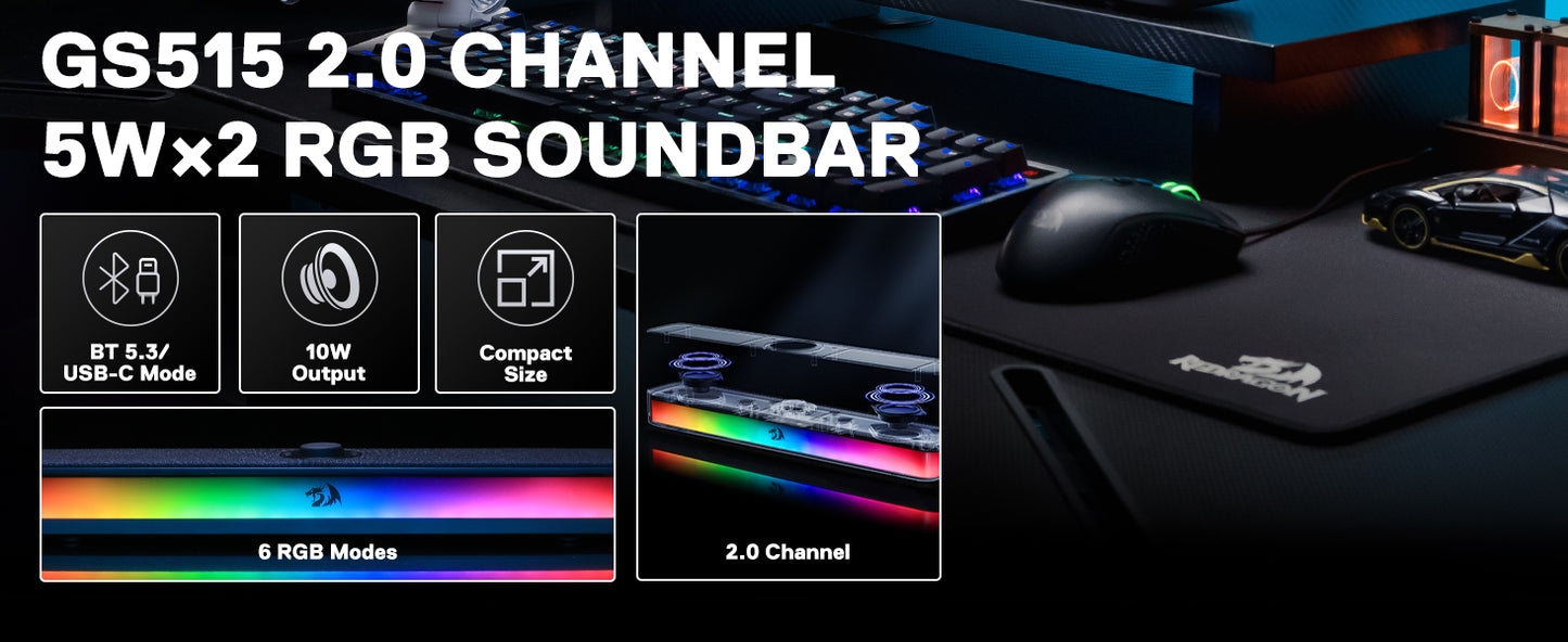Redragon GS515 RGB Desktop Soundbar Stereo Computer Speaker with Bluetooth 5.3