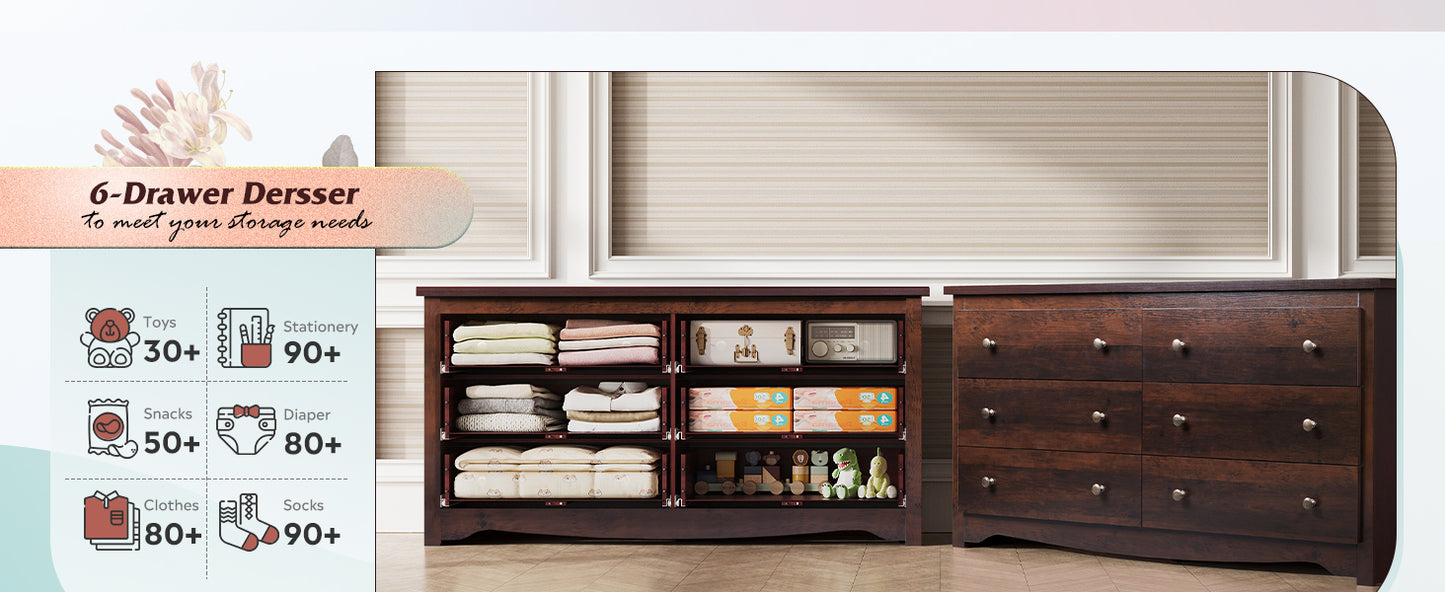 Wood Dresser with 6 Drawer Wide Chest of Drawers for Bedroom Long Nightstand with Drawers Modern Large Storage Tower Unit Closet