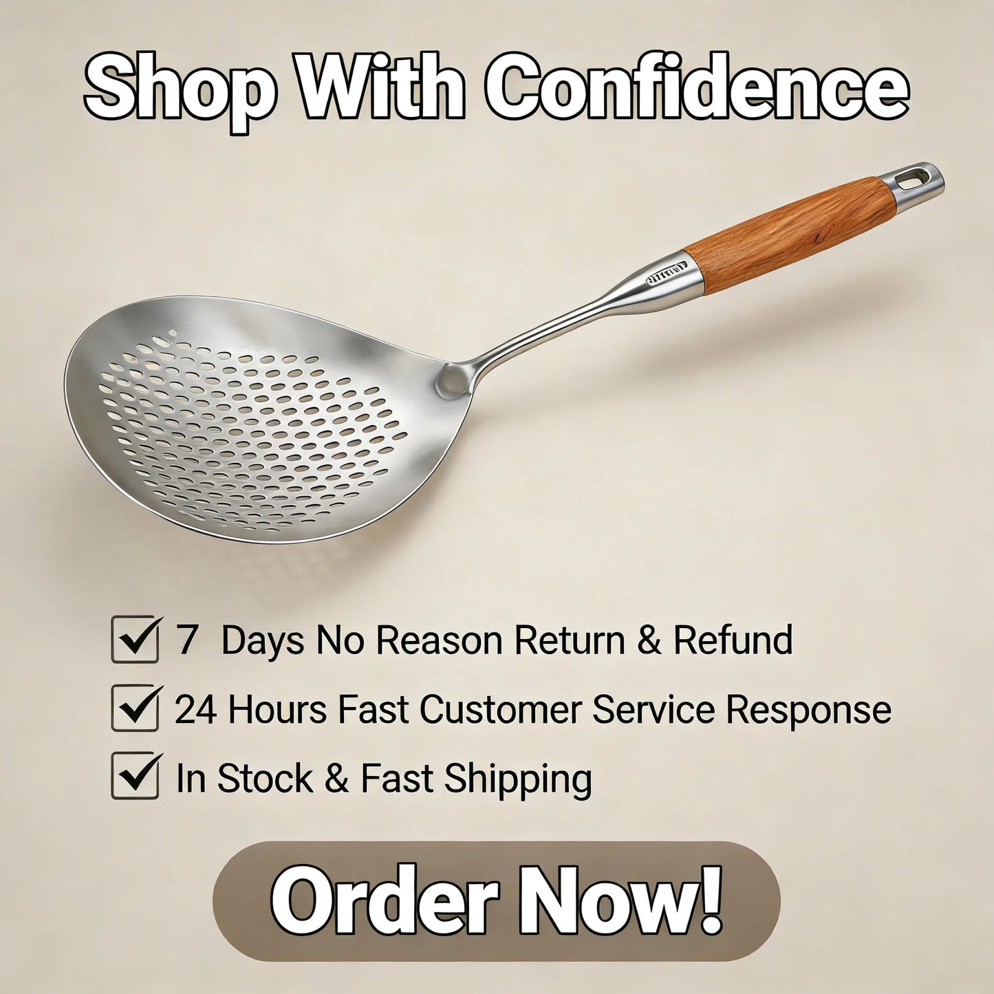 Stainless Steel Slotted Spoon with Wooden Handle Heat Resistant Cooking Utensil
