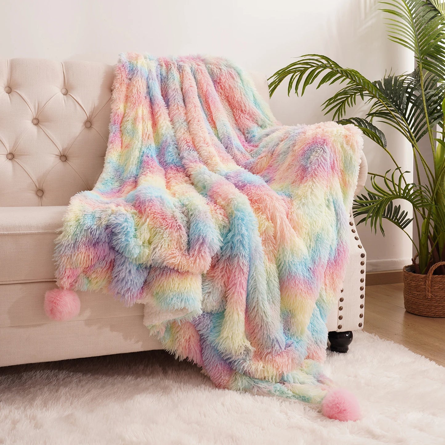 Soft Rainbow Fluffy Plush Blanket Bedspread For Home Use