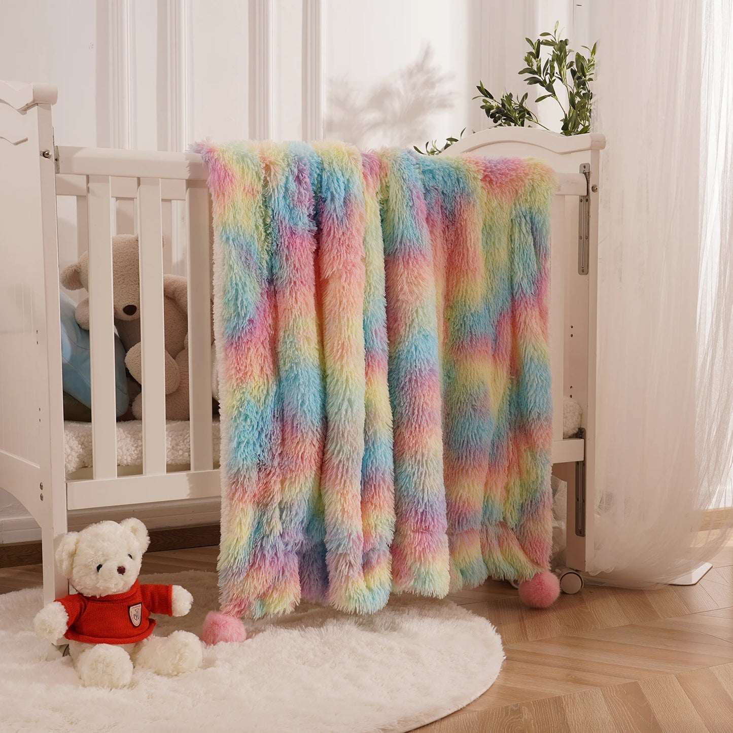 Soft Rainbow Fluffy plush blanket Bedspread bed.