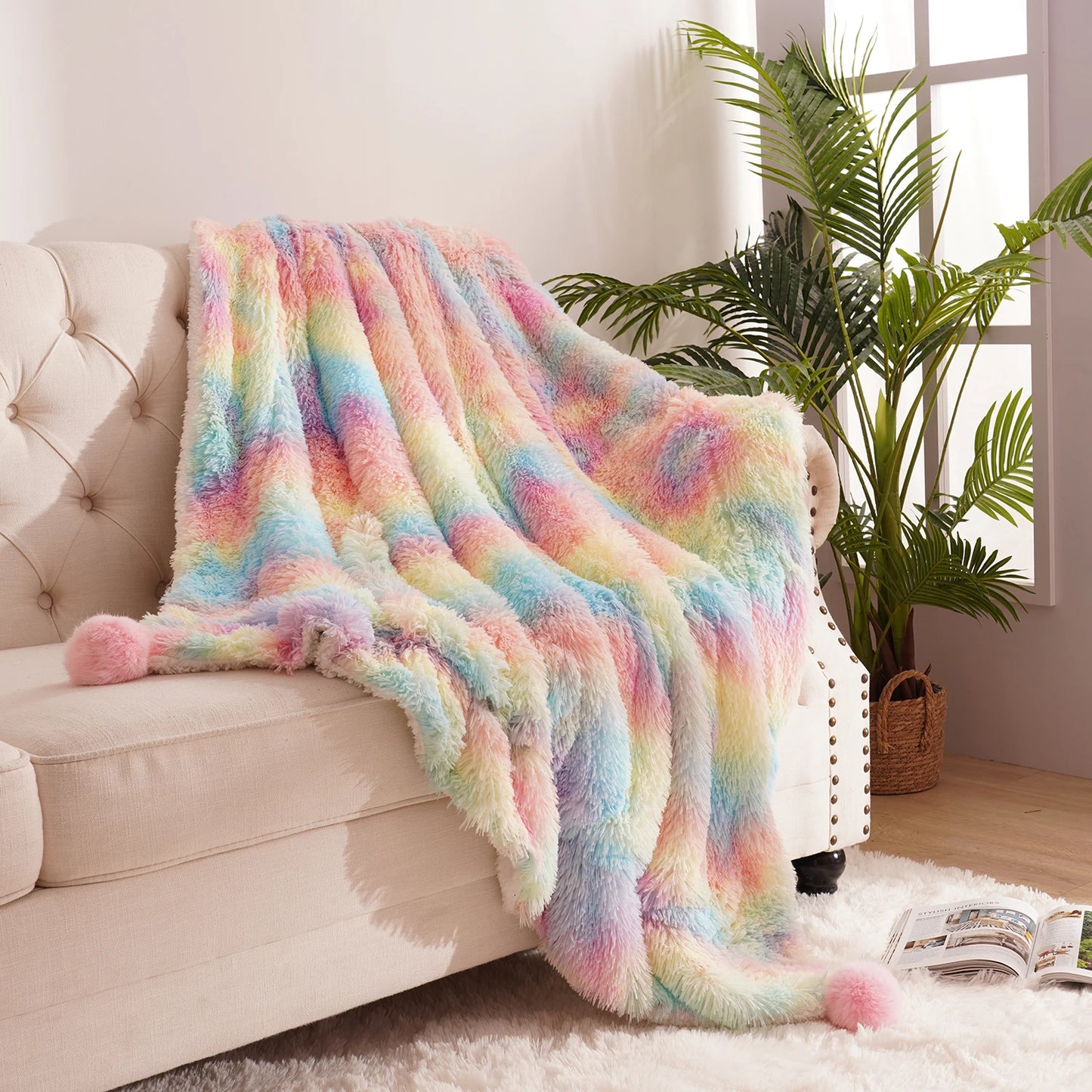Soft Rainbow Fluffy plush blanket Bedspread bed.