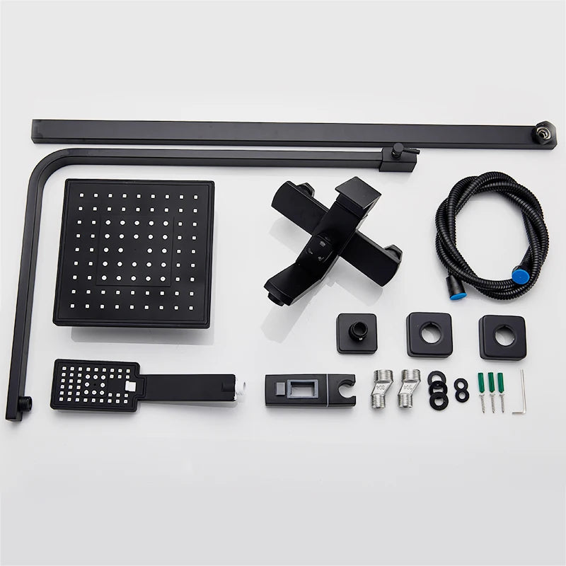 Matte Black Bathroom Shower Faucet Wall Mounted 8" Shower Set Square Rainfall Hot Cold Water Bath Spout