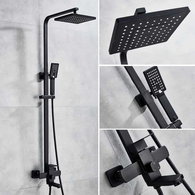 Matte Black Bathroom Shower Faucet Wall Mounted 8" Shower Set Square Rainfall Hot Cold Water Bath Spout