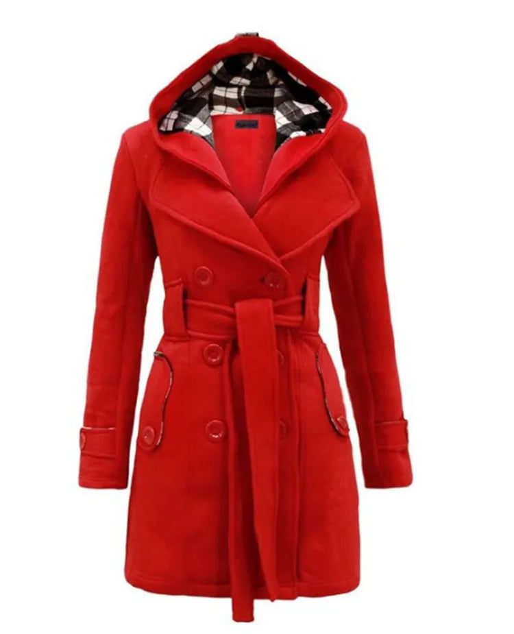 Women's Long Fleece-Lined Hooded Coat. Belted Winter Jacket with Faux Fur Trim