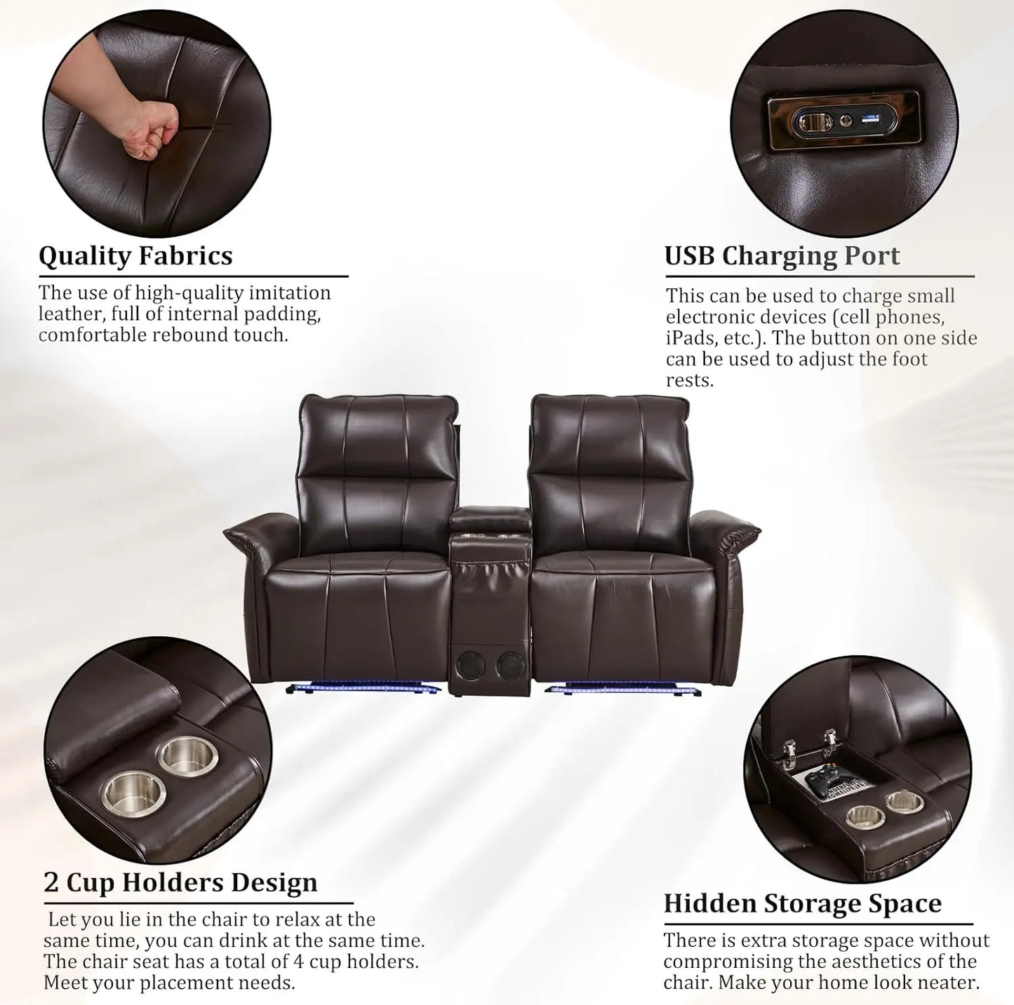 Power Reclining Loveseat Sofa Wall Hugger Recliners RV Sofa Theater Seating Electric Double Recliner with Cup Holders, 72