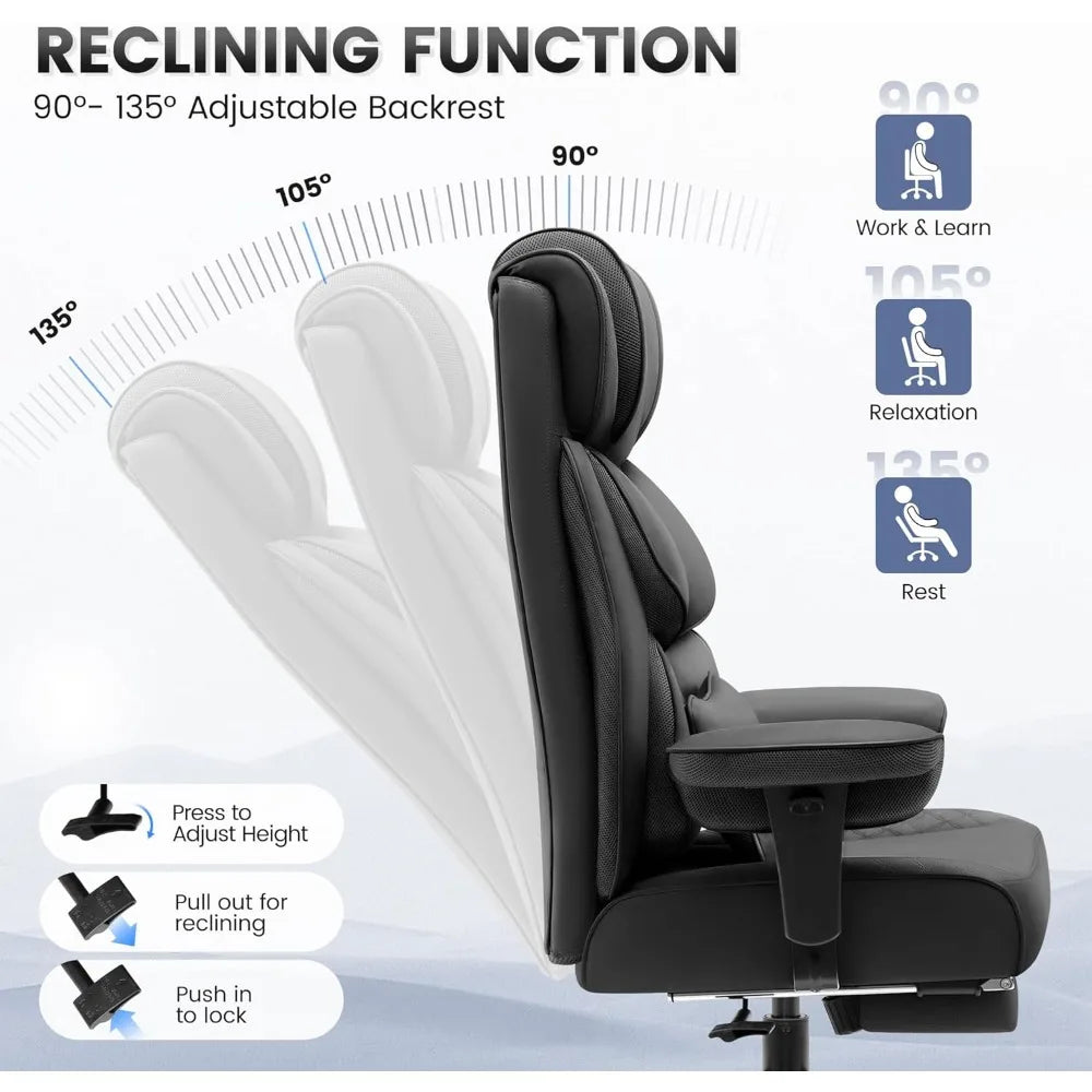 Office Desk Chair, Big and Tall Leather Gaming Chair with Footrest, Wide Ergonomic Comfy Executive High-Back Reclining Computer