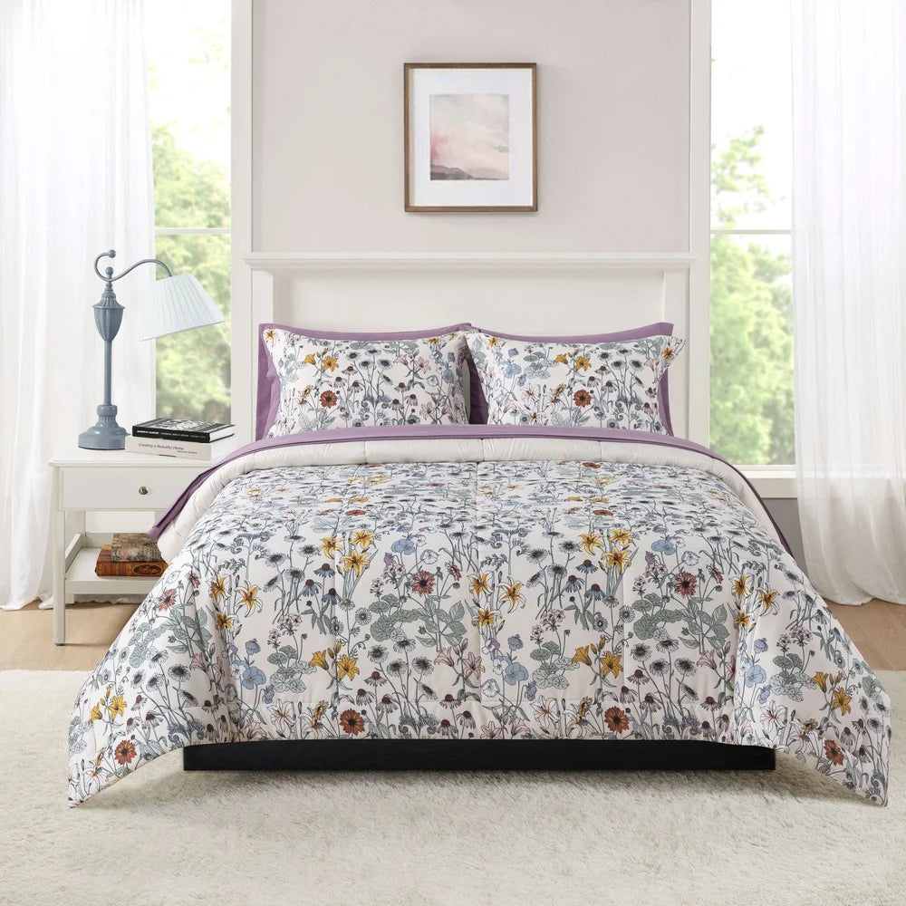 7-Piece Reversible Comforter Set with Sheets Floral Print Soft Polyester King Bedding Includes Pillowcases Shams Storage Bag