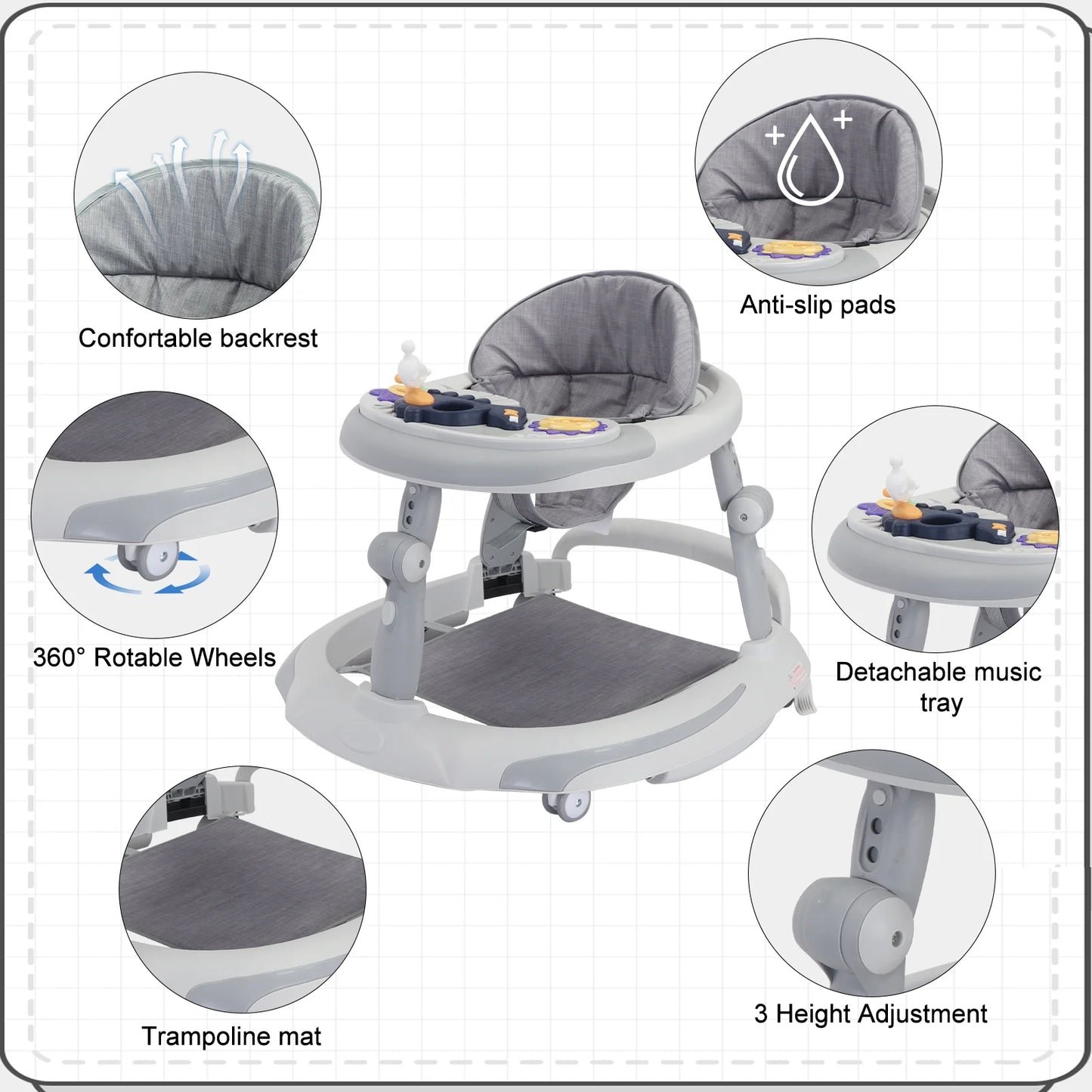 UBRAVOO Foldable Baby Walker with O-shaped legs & multi-function Rollover prevention, 6-18 Months, Adjustable Height, Music Toy