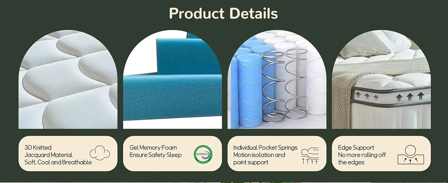 14 Inch Queen Size Hybrid Mattress with Cooling Gel and Individual Pocket Springs for Motion Isolation & Edge Support, Medium Fi