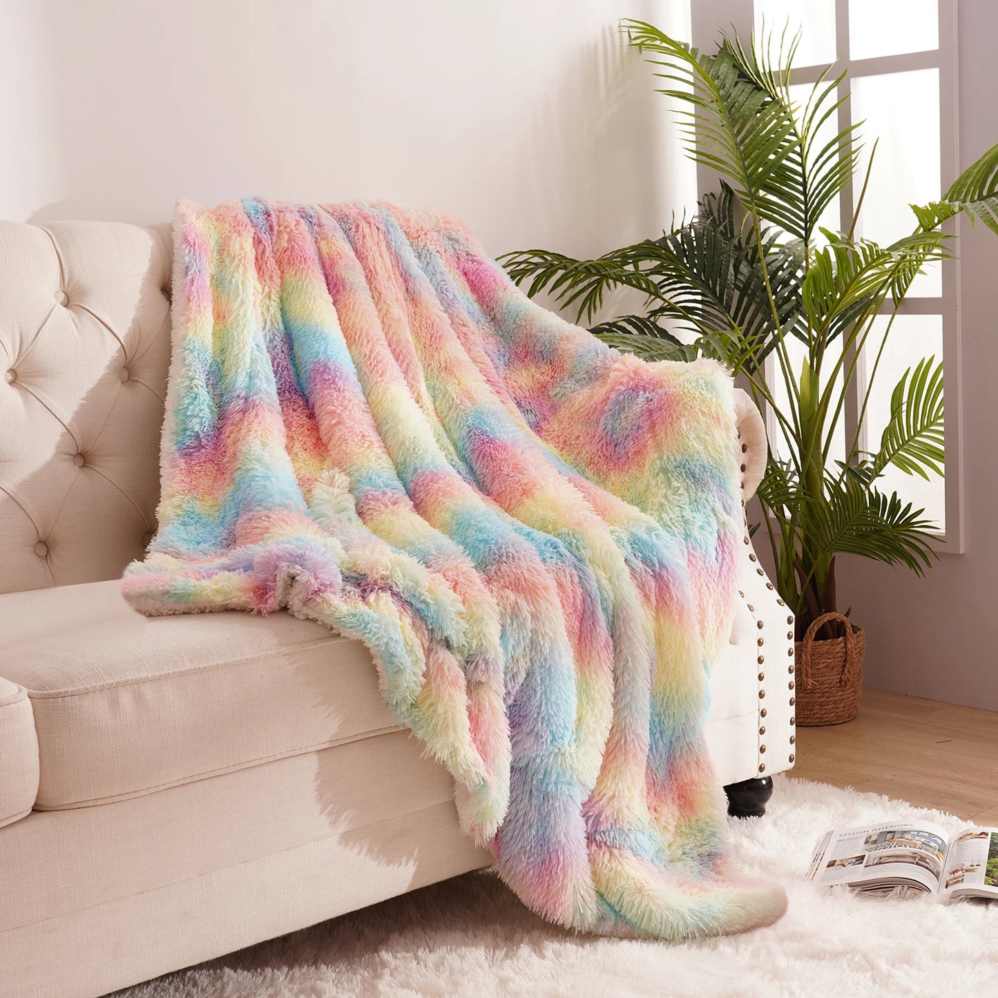 Soft Rainbow Fluffy plush blanket Bedspread bed.