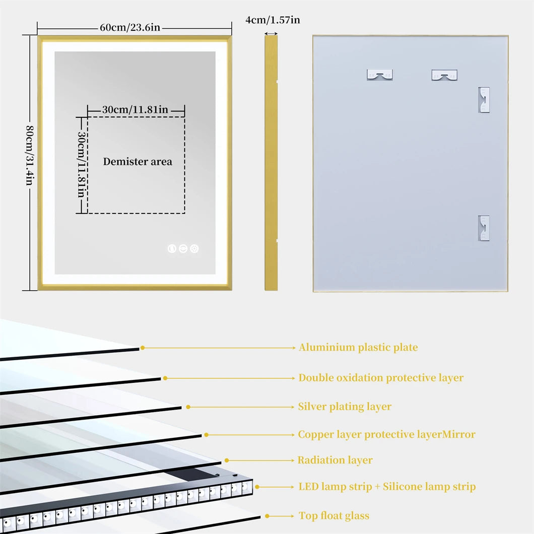 Led Bathroom Mirror Wall Mounted Aluminum Frame Anti Fog
