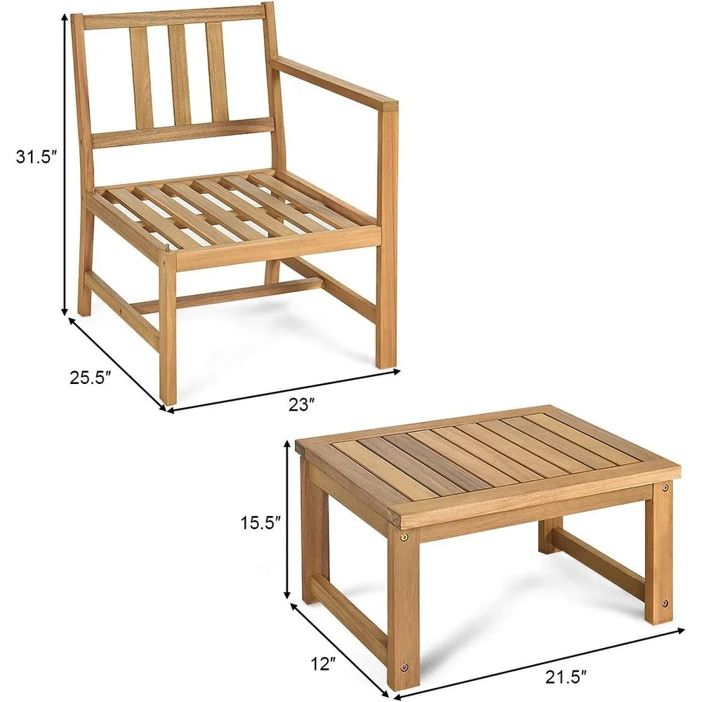 3 Piece Acacia Wood Patio Furniture Set Chairs Table Indoor Outdoor Garden Balcony Conversation Relaxation