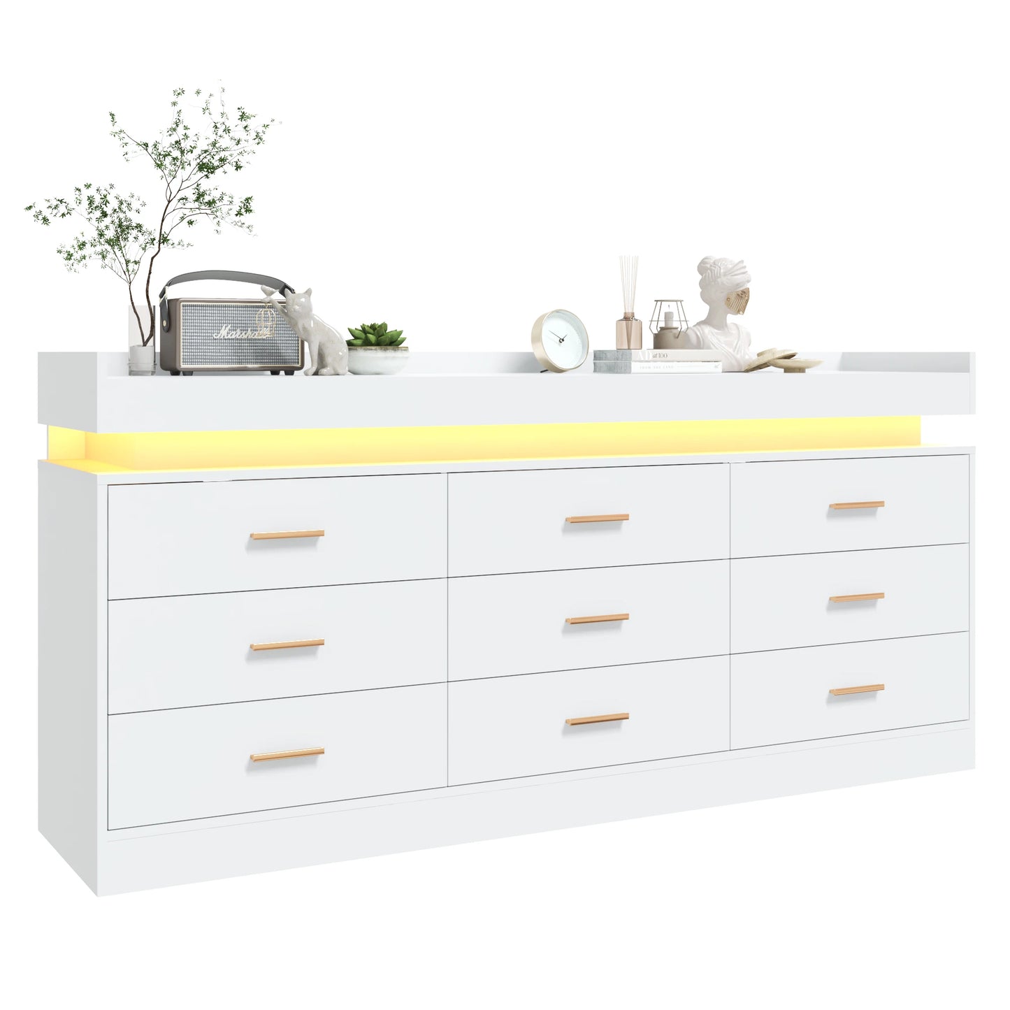 9 Drawer Dresser with LED Light and Charging Station, Modern Chest of Drawers for Closet, Wide Drawer Organizer Cabinet
