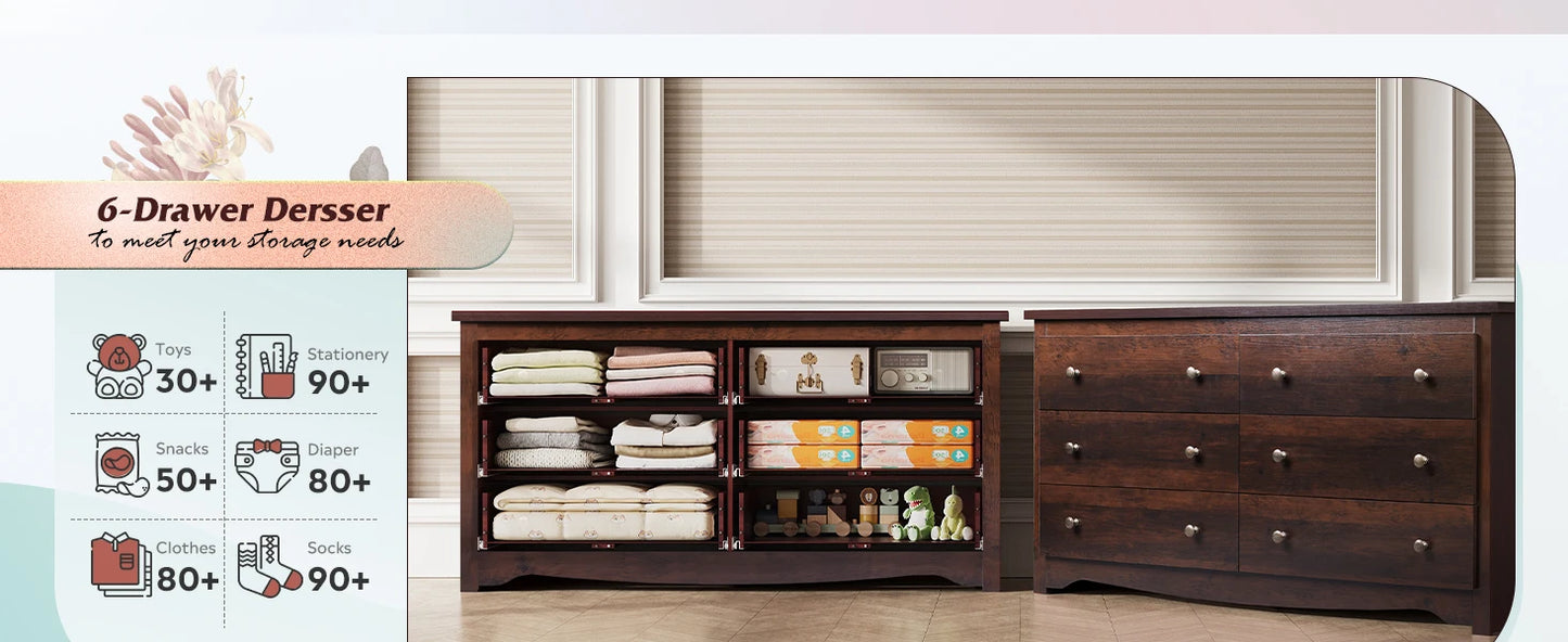 Wood Dresser with 6 Drawer Wide Chest of Drawers for Bedroom Long Nightstand with Drawers Modern Large Storage Tower Unit Closet