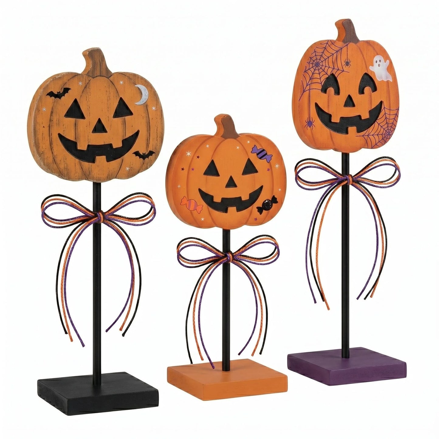 3-Piece Halloween Jack-O’-Lantern Tabletop Décor Set. Rustic Pumpkin Metal Stand Decorations for Fall & Halloween Home Déco