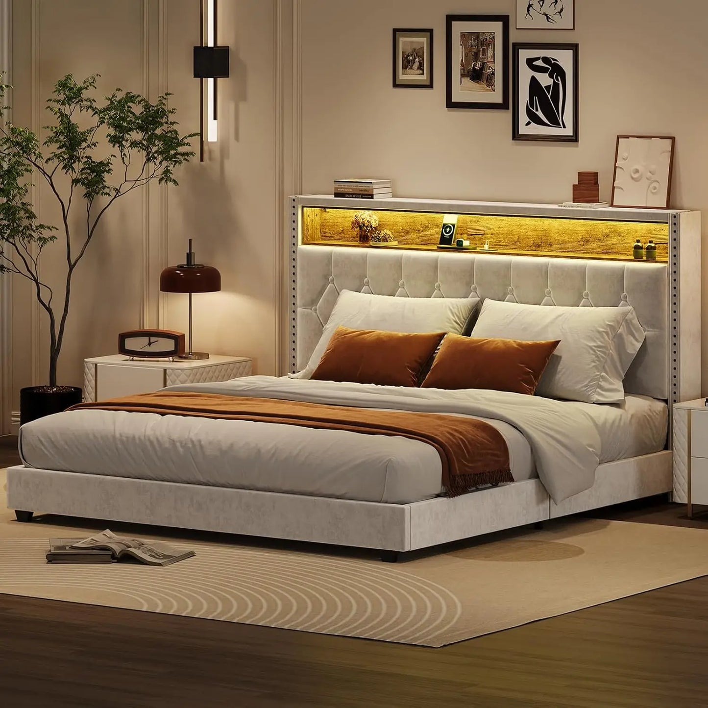 Bed Frame with Headboard and LED Lights Upholstered Platform Bedframe with Charging Station No Box Spring Needed Easy Assembly W