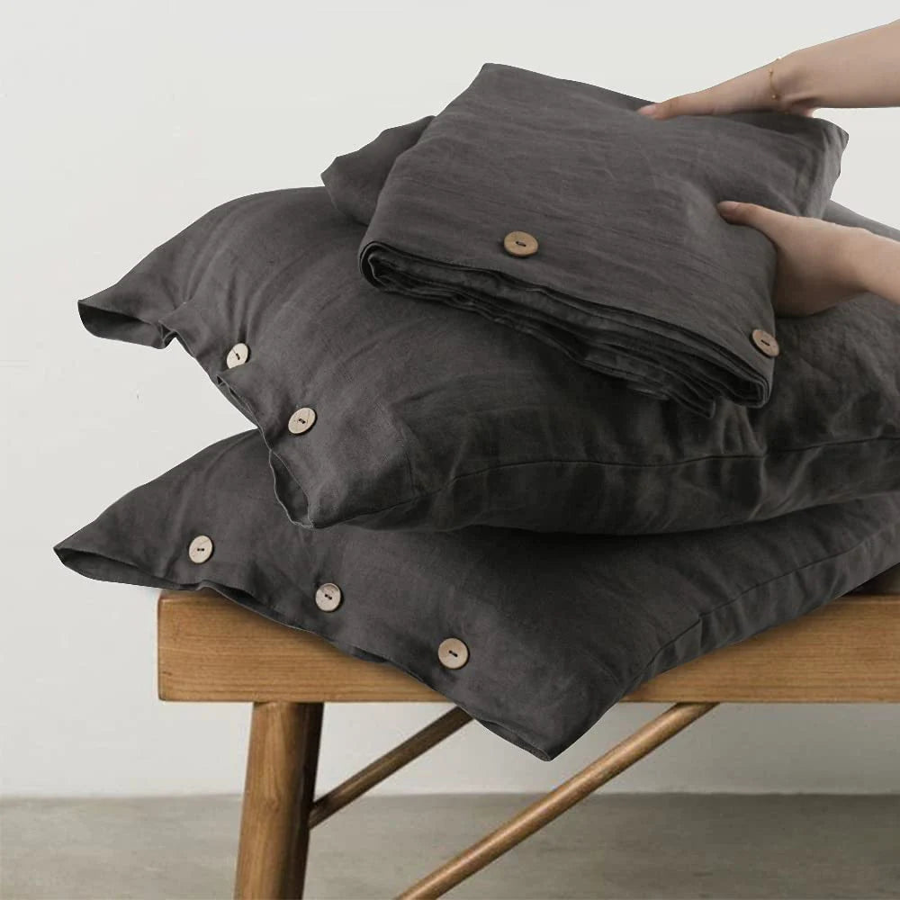 Simple&Opulence 100% Linen 3Pcs Bedding Set Natural Flax Breathable King Size with Coconut Button Comforter Duvet Cover Set