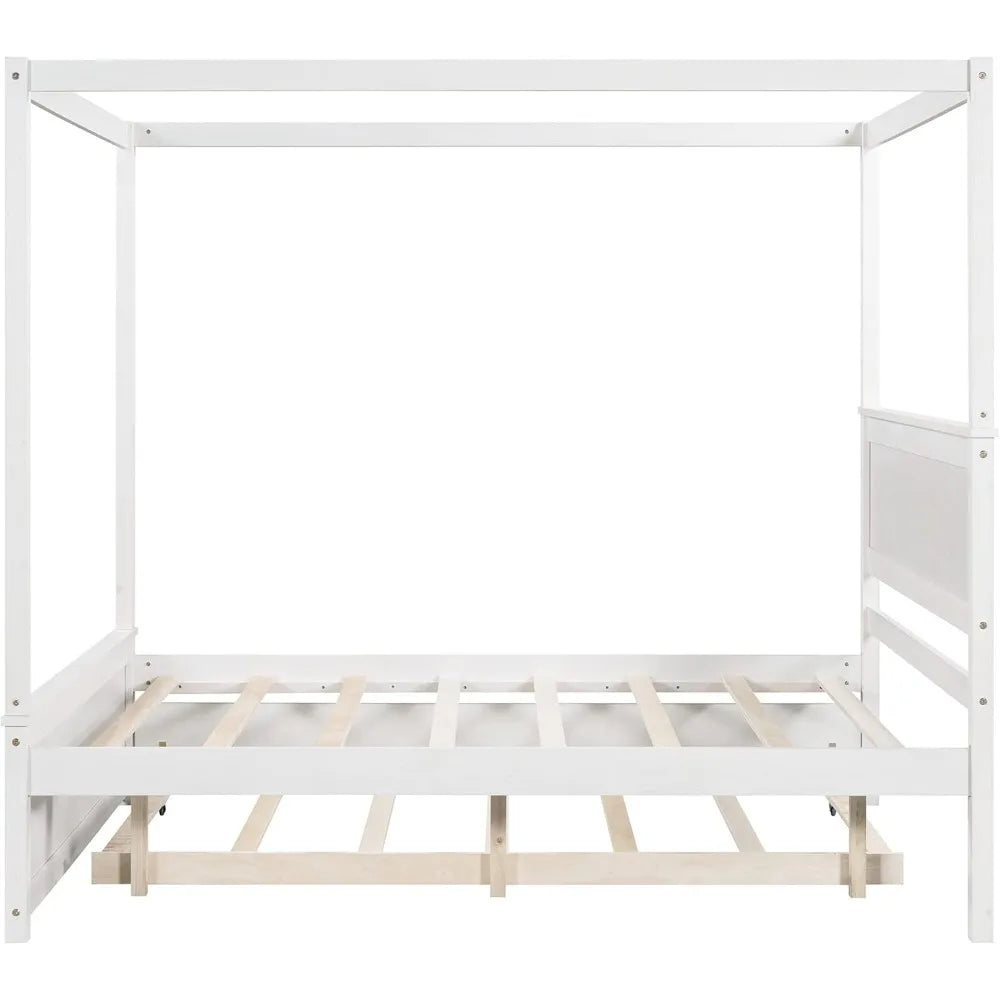 Full Size Canopy Bed with Trundle and Headboard, Solid Wood Four Poster Bed Frame with Support Slats, Wood Canopy Platform Bed f