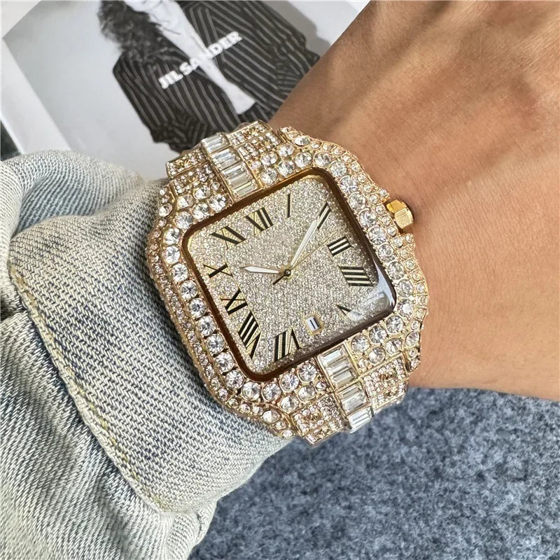 Luxury Iced-Out Square Men’s Watch. Diamond Style Fashion Timepiece