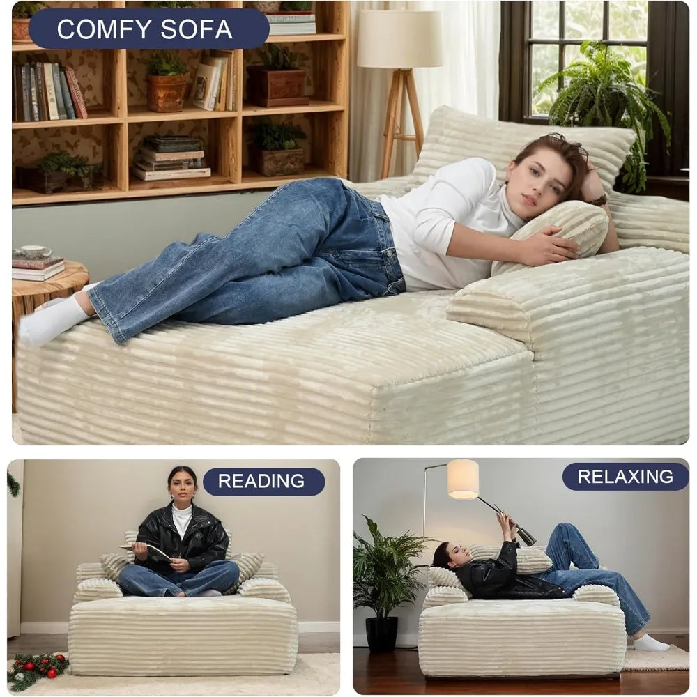 Boneless Couch Deep Seat with 3 Pillows,67" Oversized Chaise Lounge Recliner Chair,Cloud Plush Corduroy Comfy Memory Foam Cream