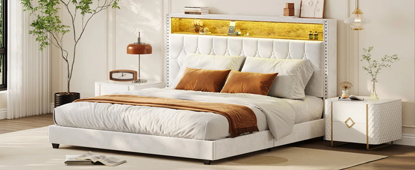 Bed Frame with Headboard and LED Lights Upholstered Platform Bedframe with Charging Station No Box Spring Needed Easy Assembly W