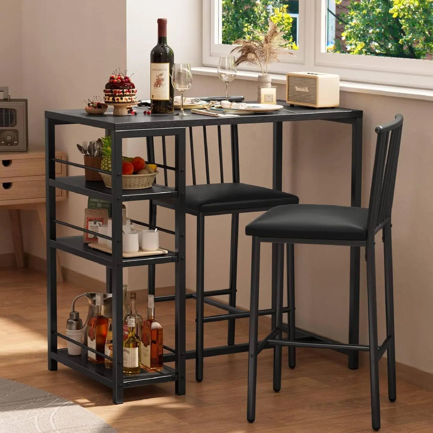 Dining Table Set for 2 with 3 Storage Shelves, Kitchen Table and Chairs for 2 with Pu Cushion Chairs & Thick Wood Top