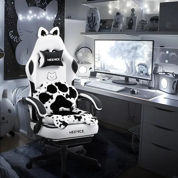Pink Gaming Chair Cute with Cat Ears Paw Lumbar and Cushion,Ergonomic Computer Chair with Footrest,Reclining PC Game Chair for G