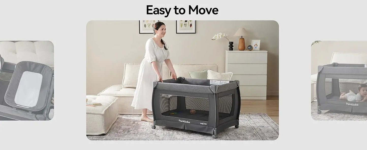 Magic Fold Playpen Portable Cribs Foldable Playpen Baby Playard One-Hand Folding Playards Diaper Changer and Storage S