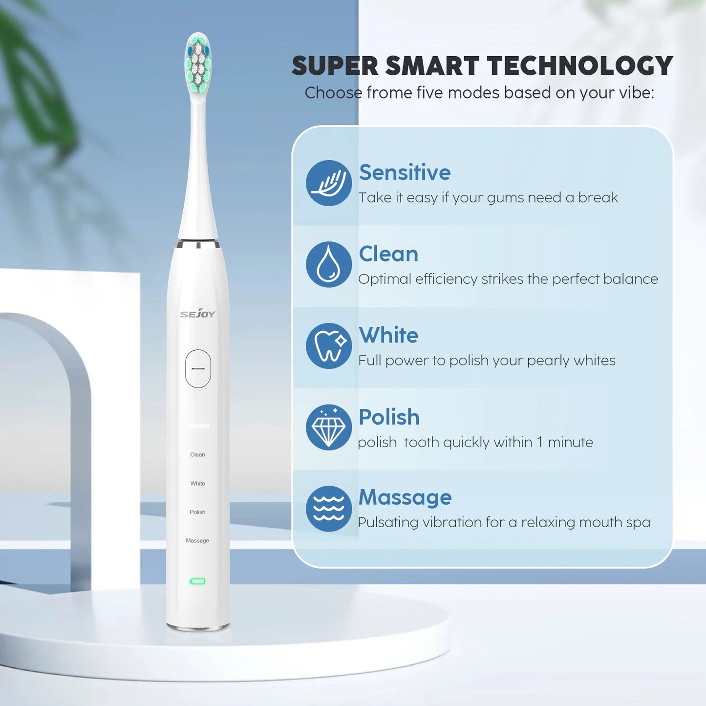 Smart Sonic Electric Toothbrush Rechargeable With 5 Modes
