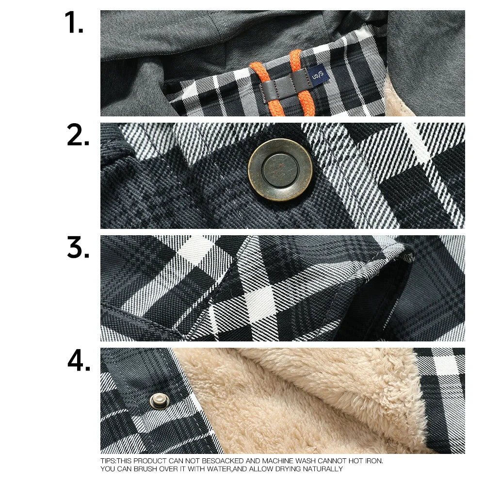 Mens Hooded Flannel Jacket Warm Fleece Lined Winter Coat