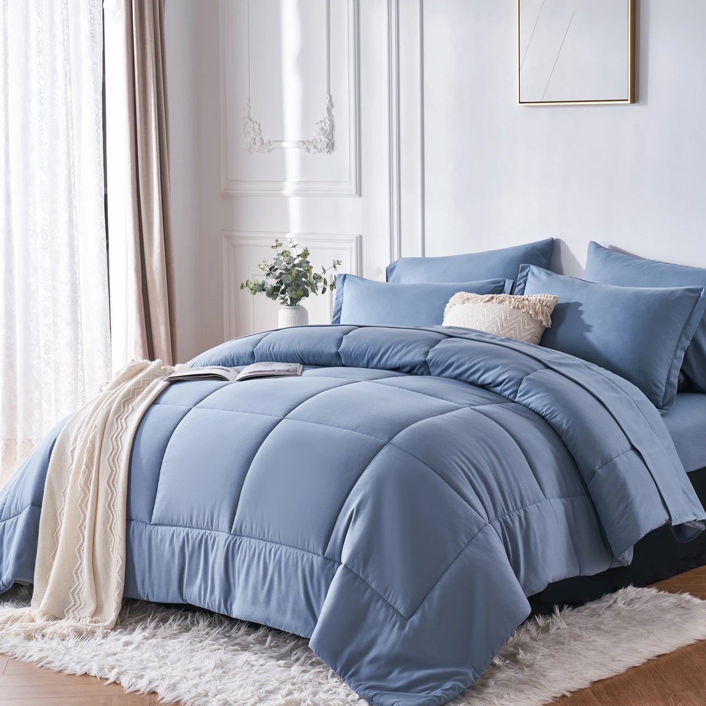 7 Piece Bed In A Bag Comforter Set Queen, Stylish solid geometry Comforter And Sheet,Pillowcase Set, ideal gift