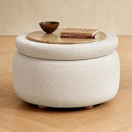 Luna Round Ottoman with Storage and Tray, Round Coffee Table with Storage, Upholstered Foot Stools Ottoman for Living Room, Bed
