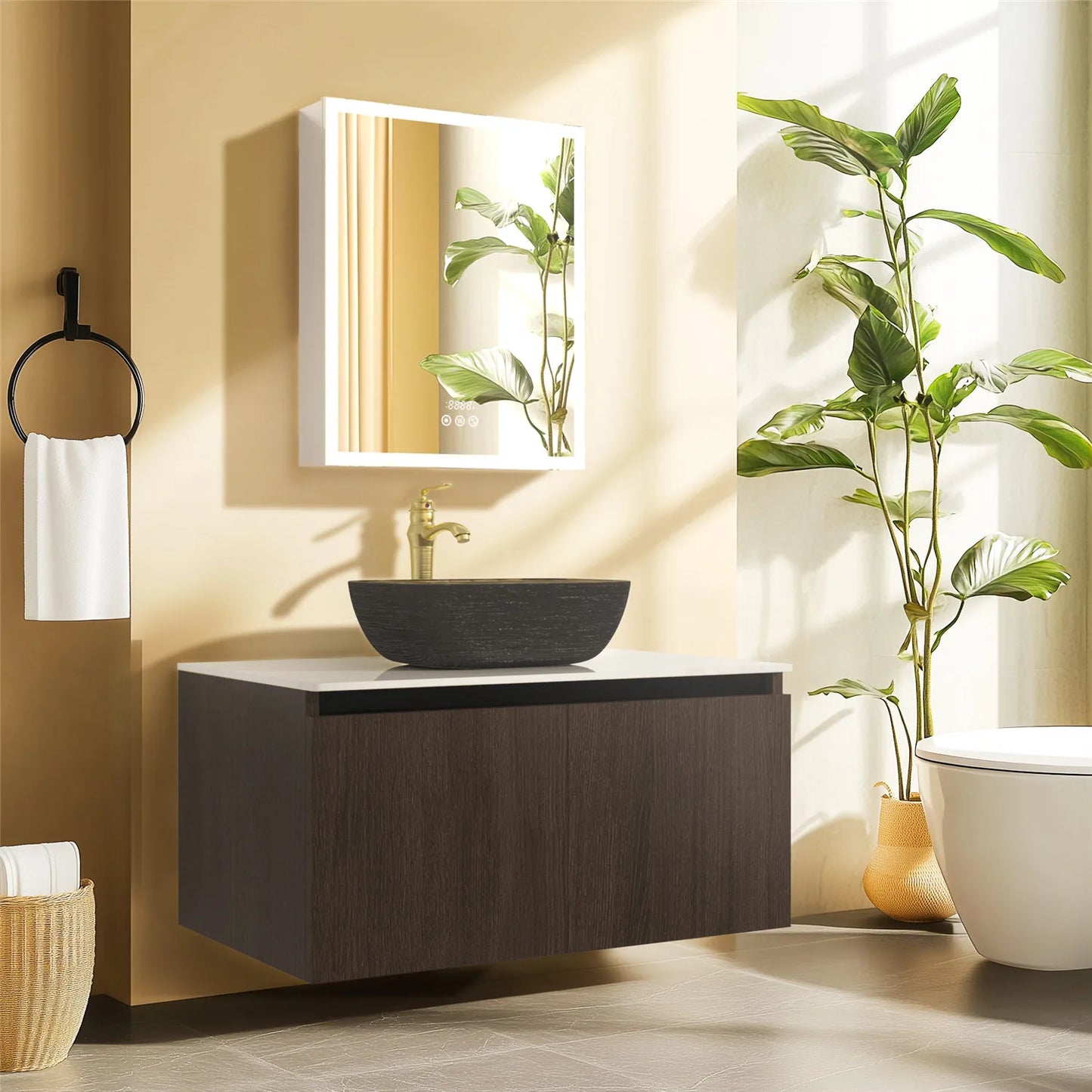 Floating Vanity Bathroom with Sink Combo, Wall Mounted Modern Vanity, Bathroom Cabinet Vanity with Sink Ceramic Basin Faucet