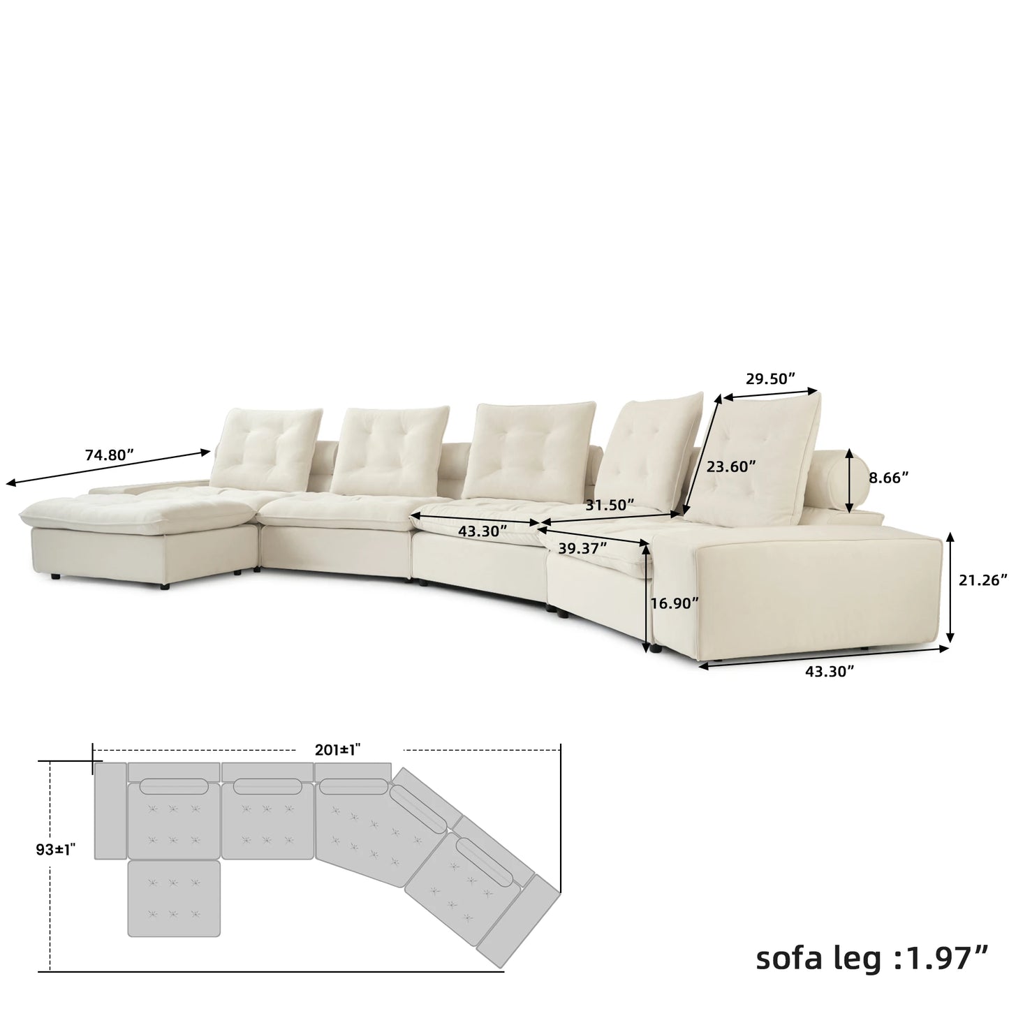 Down Filled Curved Cloud Sectional Sofa Oversized Couches Chaise Ottoman Stupendous Miami Sofa Adjustable Backrest
