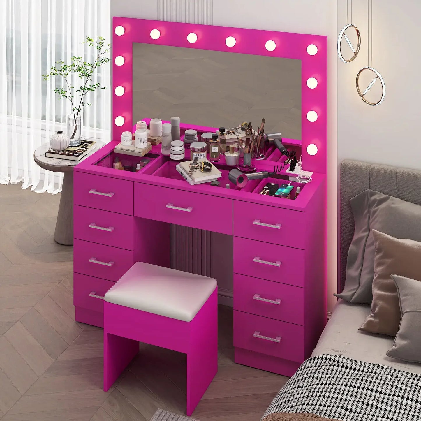 Makeup Vanity Desk Set Large LED Mirror with 9 Drawers Dresser & Power Outlet