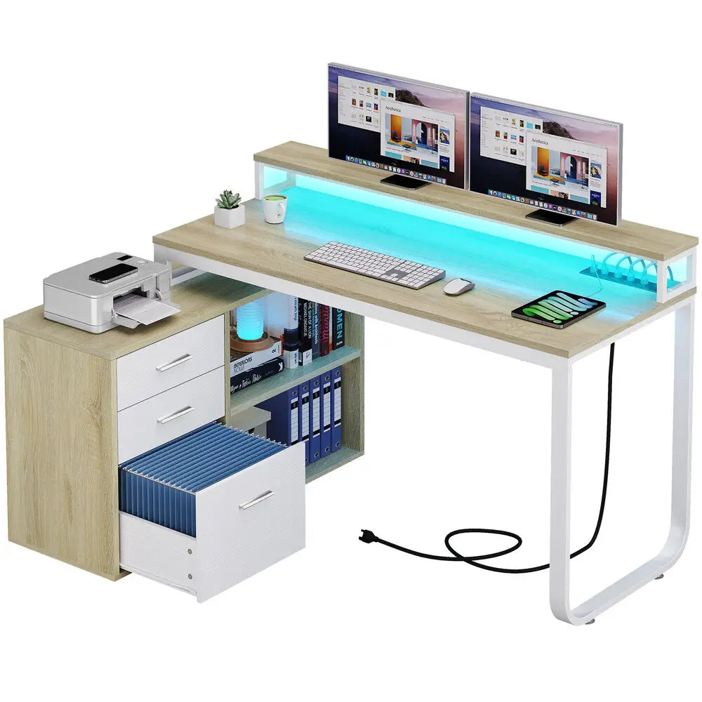 L-Shaped Gaming Computer Desk Home Office Desk File Drawers