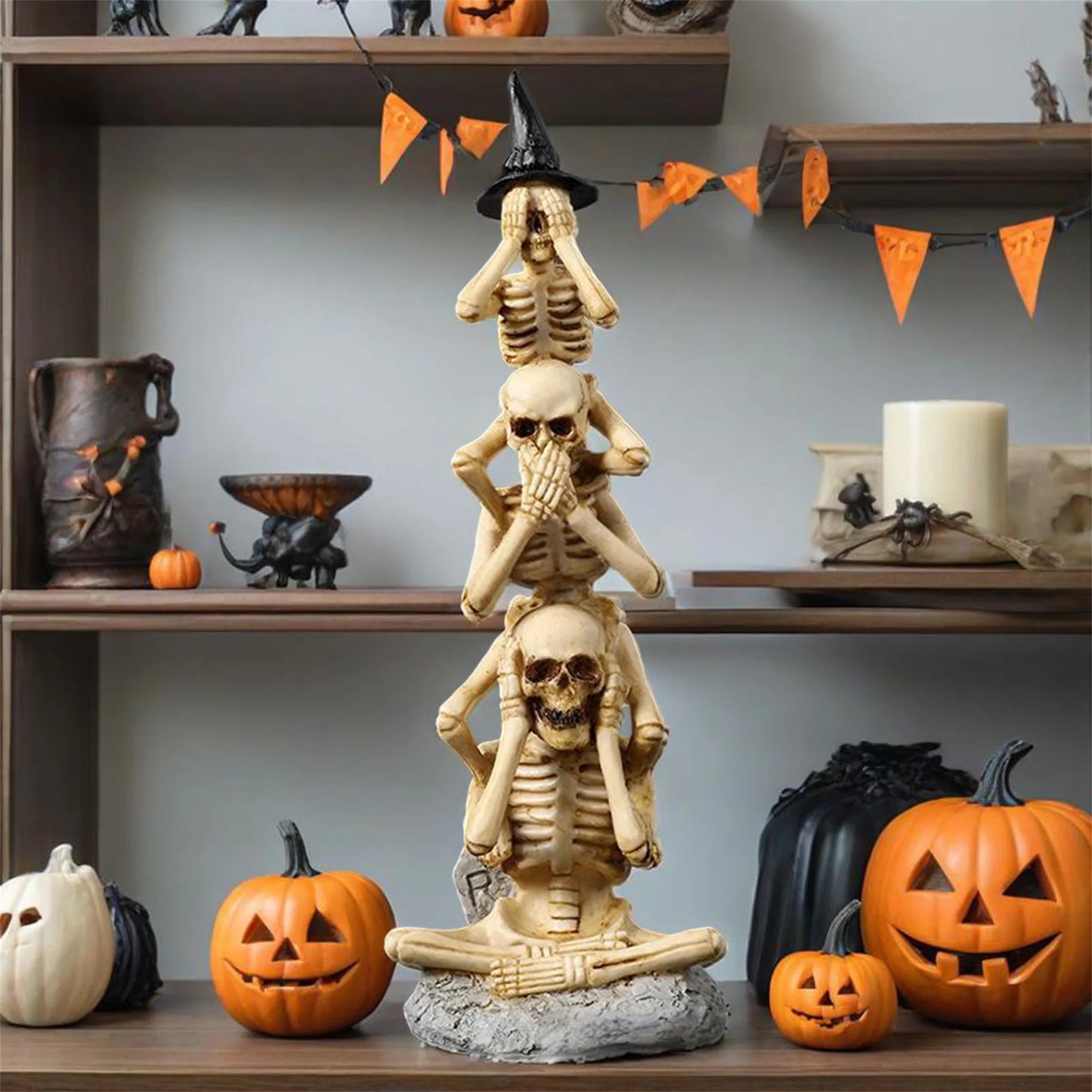 Spooky Halloween Skeleton Tower Trio Figurine Skull Decor