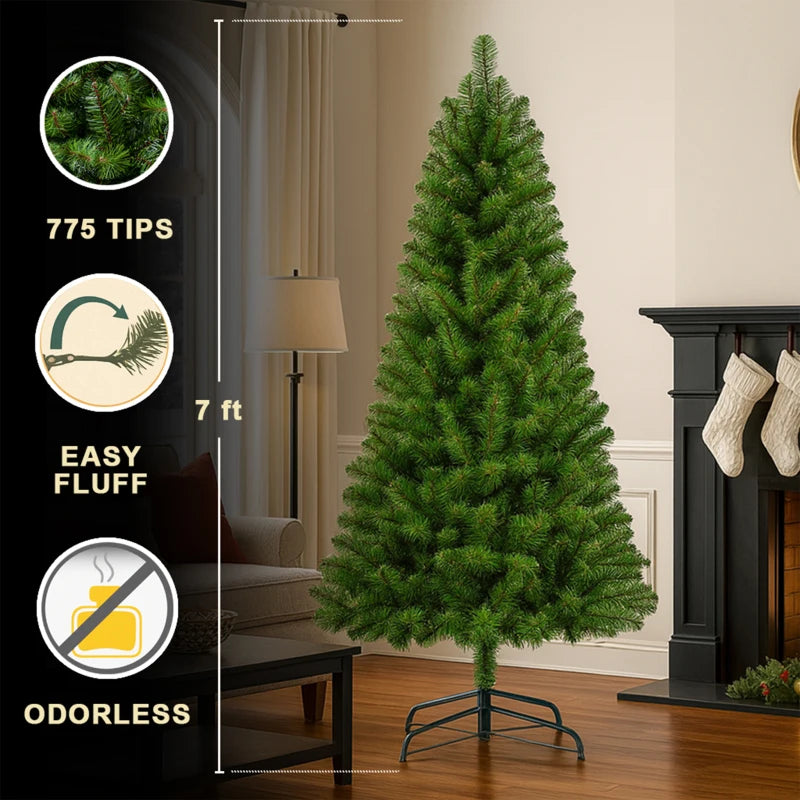 7FT Classic Green Artificial Christmas Tree 775 Tips with Full PVC Branches for Holiday Décor