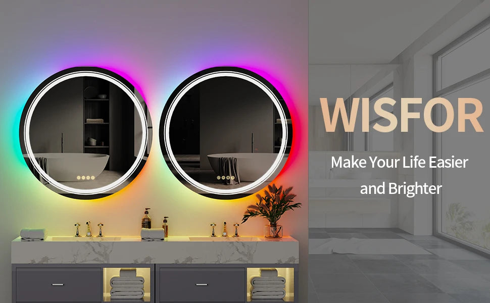 Round Bathroom Mirror with LED Light Dimmable Illuminated Wall Mirror with 8 RGB Backlit 3 Front Color Smart Anti-fog Memory