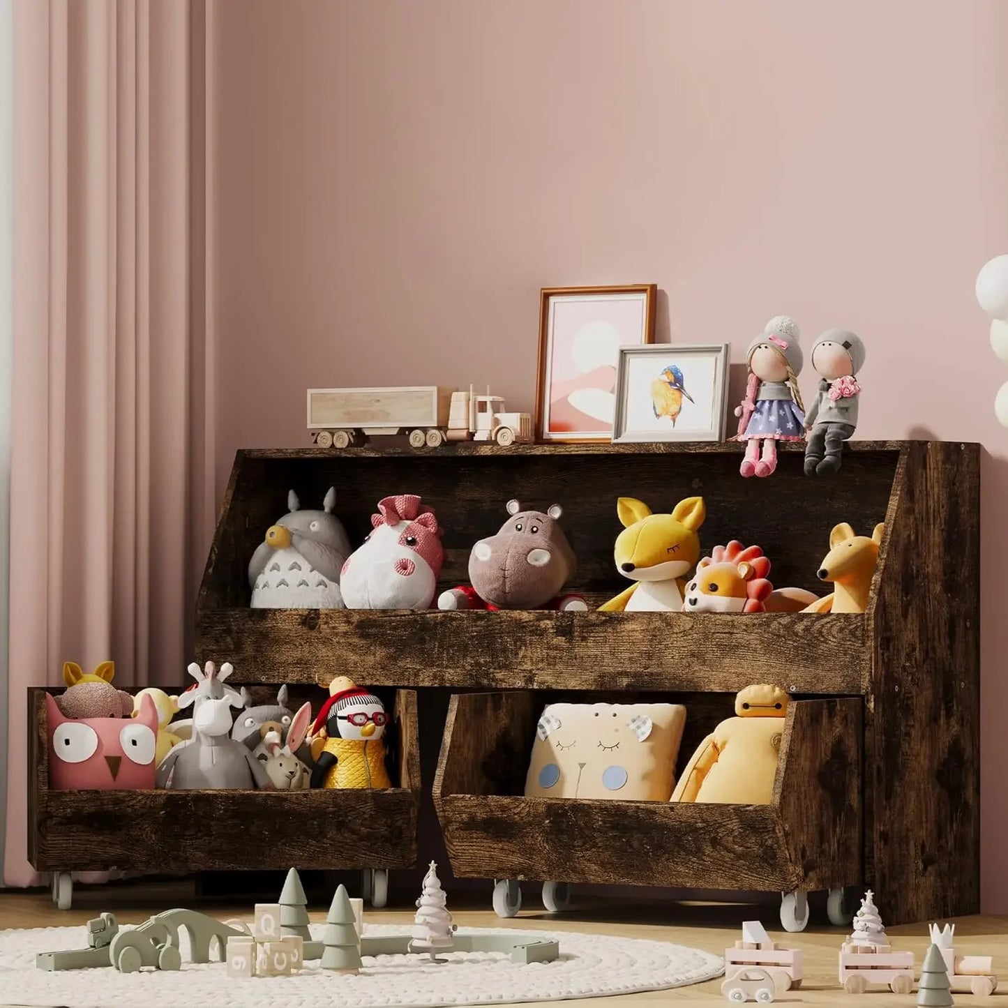Kids Toy Storage Cabinet With Two Movable Drawers Organizer