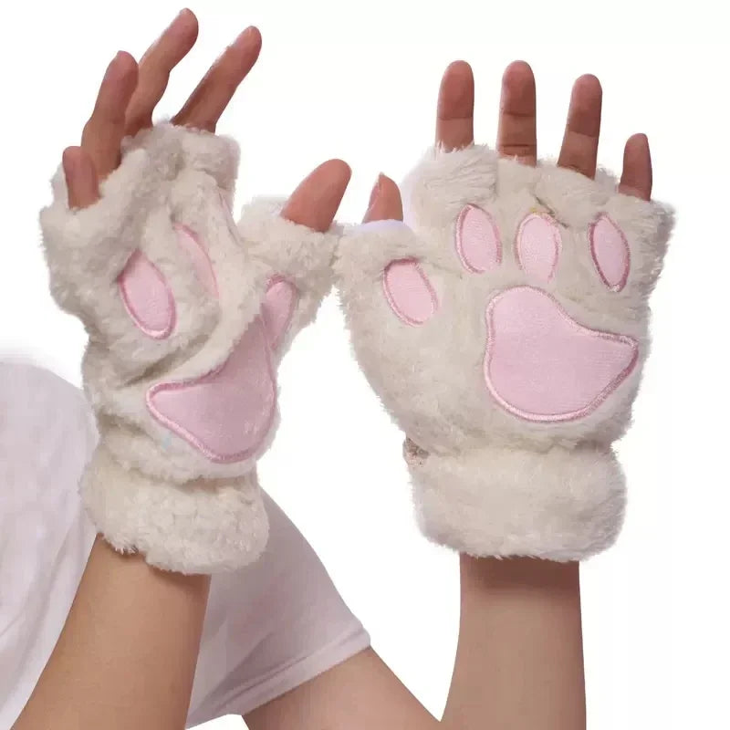 Lovely Plush Cat Claw Paw Gloves Short Fingerless Mittens