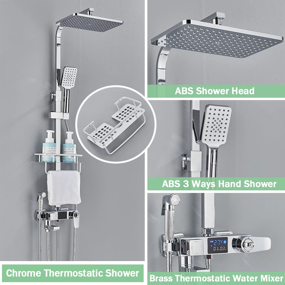 Black Digital Display Thermostatic Shower Faucet 4 Way