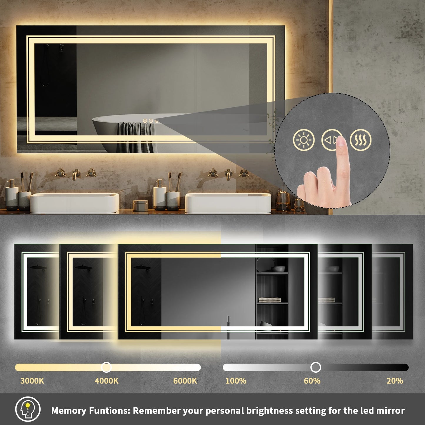 LED Backlit Front Lit Bathroom Mirror With Dimmable Lights