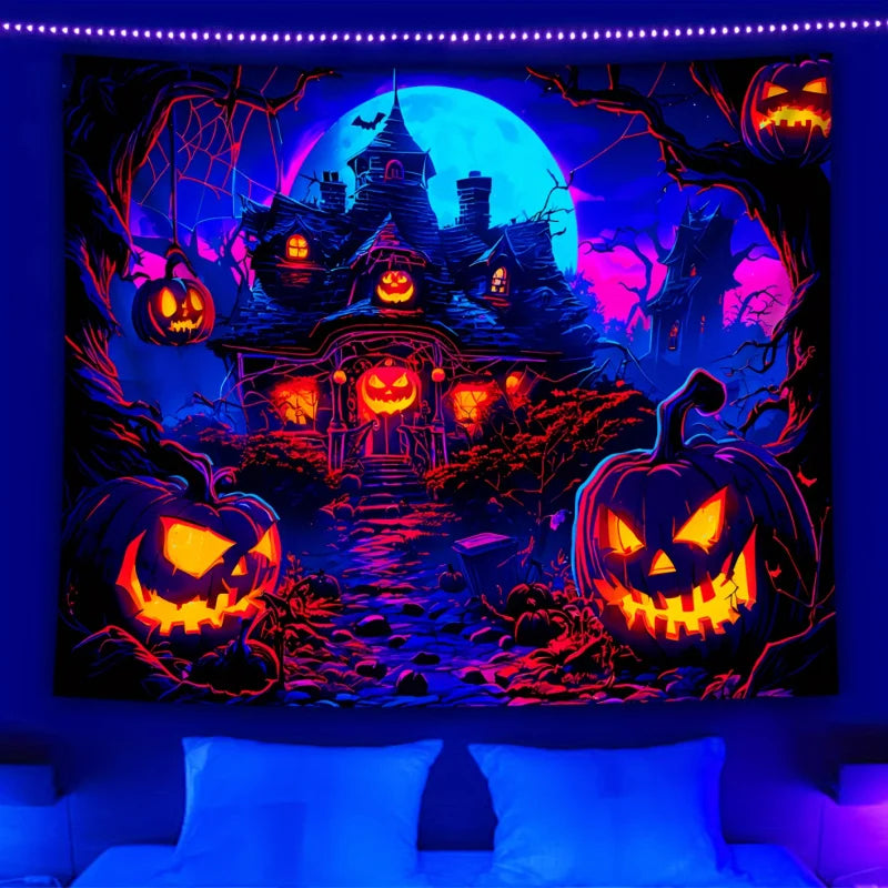 Glow In The Dark Pumpkin Tapestry With Easy Install Kit