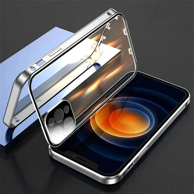 360 Full Protection Metal Magnetic Double Sided Glass Snap Lock Phone Case Shockproof Cover
