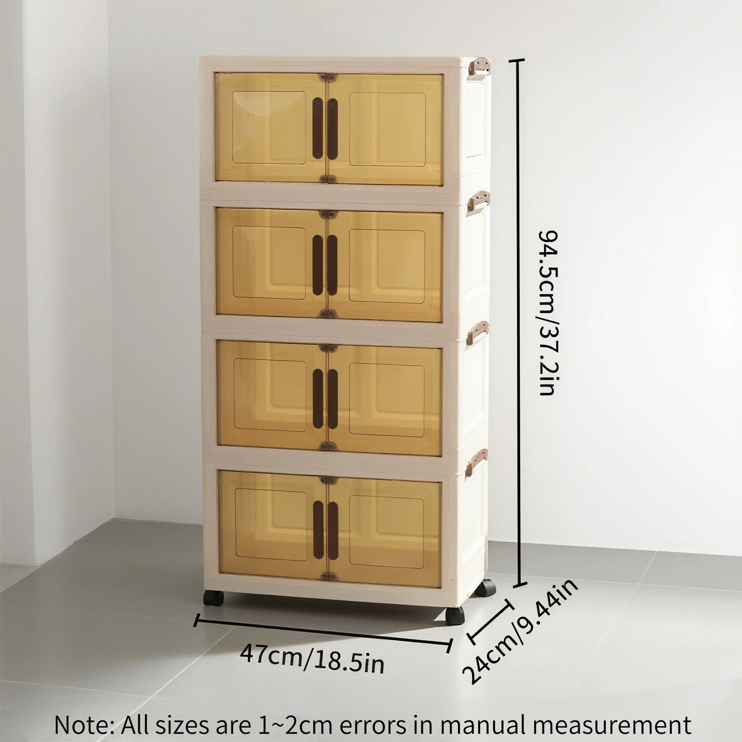 Foldable storage cabinet with stackable storage box, transparent magnetic door + universal wheels + stackable design