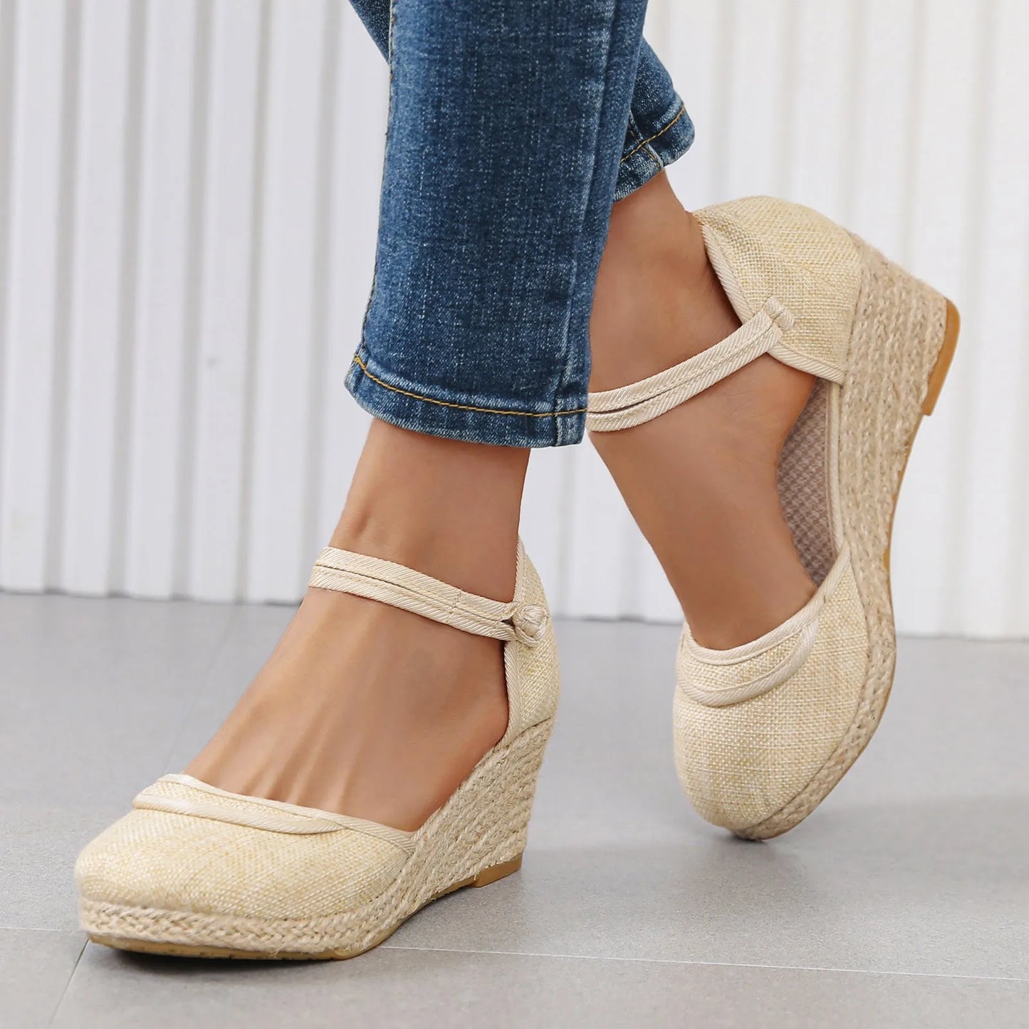 Womens Retro Plain Wedge Sandals Ladies Espadrille Summer Fashion Breathable Ankle Strap Sandals Casual Chunky Beach Sandals