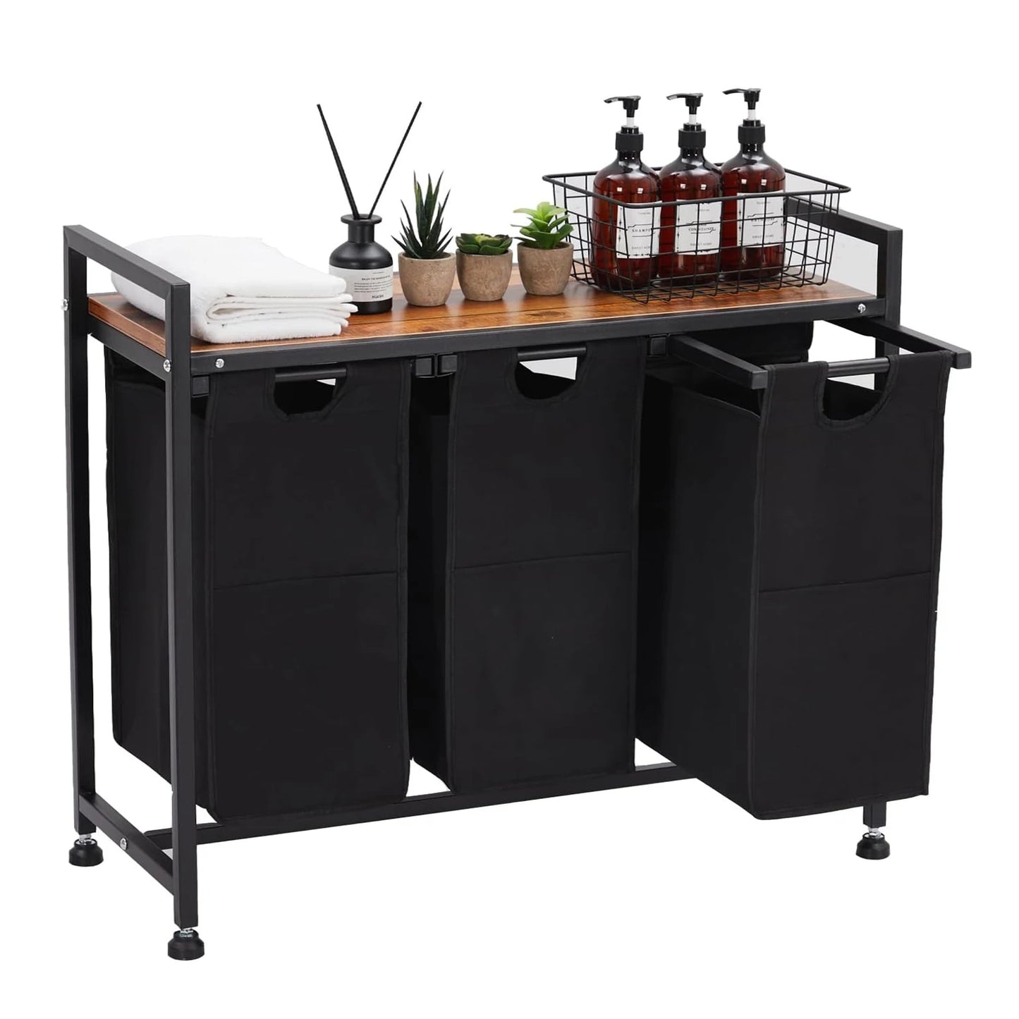 2 Section Laundry Hamper Organizer with Removable Bags and Storage Shelf