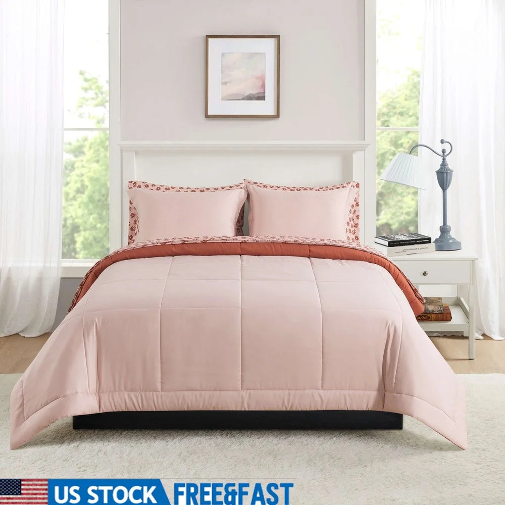 7-Piece Reversible Comforter Set with Sheets Soft Pink Red Canyon King Bedding Set Cozy Storage Bag Machine Washable